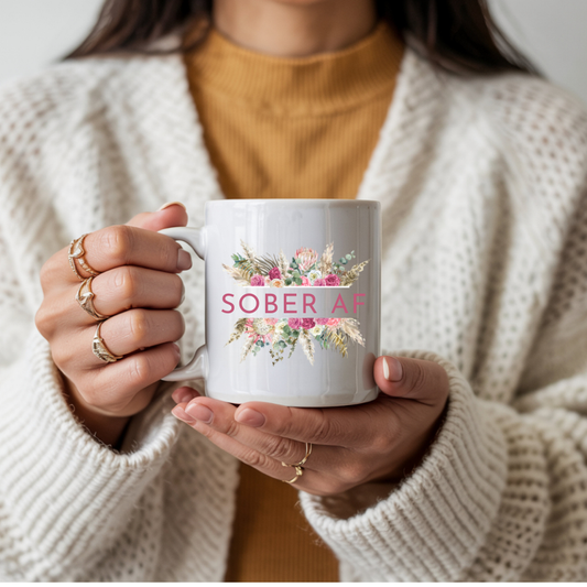 Sober AF Floral Coffee Mug | 15 oz Ceramic Sobriety Mug | Recovery & Sobriety Gift