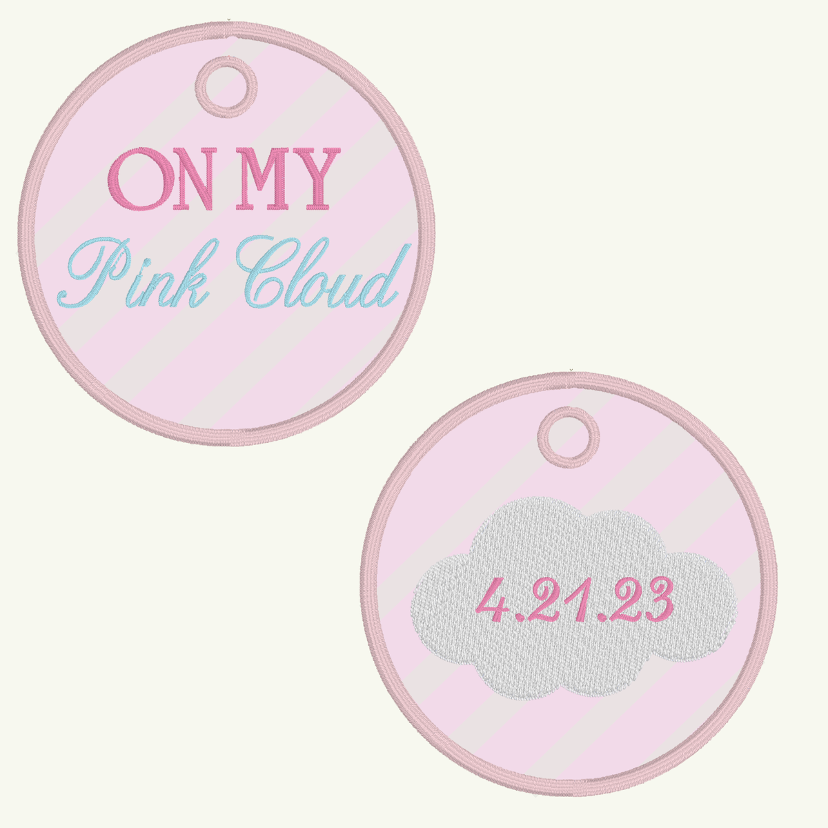 On My Pink Cloud Bag Tag | Embroidered Round Recovery Bag Tag | Optional Sobriety Date
